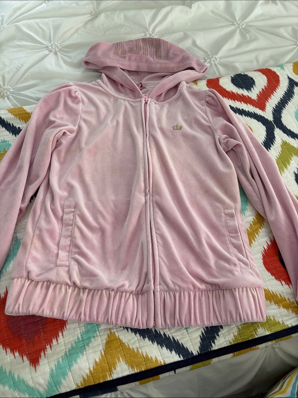 Juicy Couture Pink Velour Zip Hoodie with Crown Accent